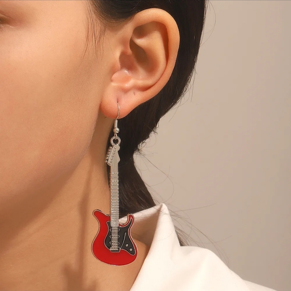 Guitar Earrings Red Black and Silver